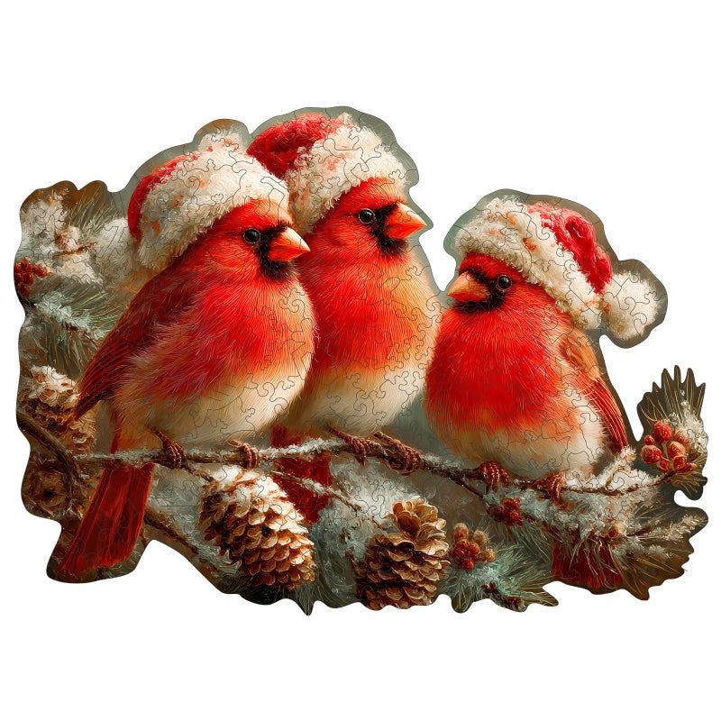 MEATRN Christmas Cardinal Wood Puzzles Adult Three Baby Birds with Santa Hat 480Pcs Wooden Jigsaw Puzzle for Festive Holiday Fun Teenss Party and Winter Activity 185135 - Image 3