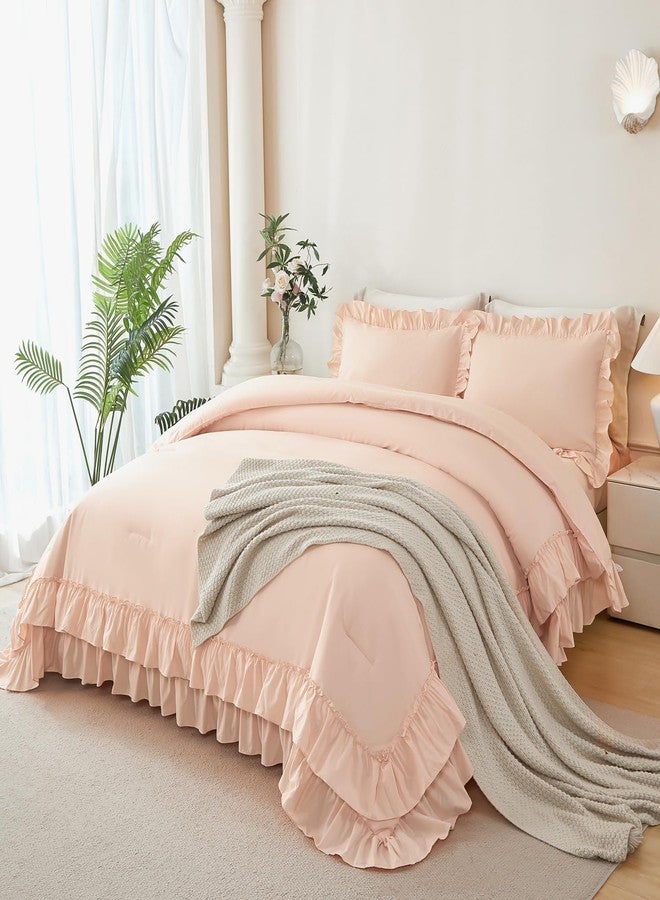 ANGIYUIN Blush Ruffle Comforter Set Full Size 5 Pieces Double-Layer Ruffled Bed in A Bag with Sheets Farmhouse Shabby Bedding Set for Girls Women(Blush Pink Full) - Image 1