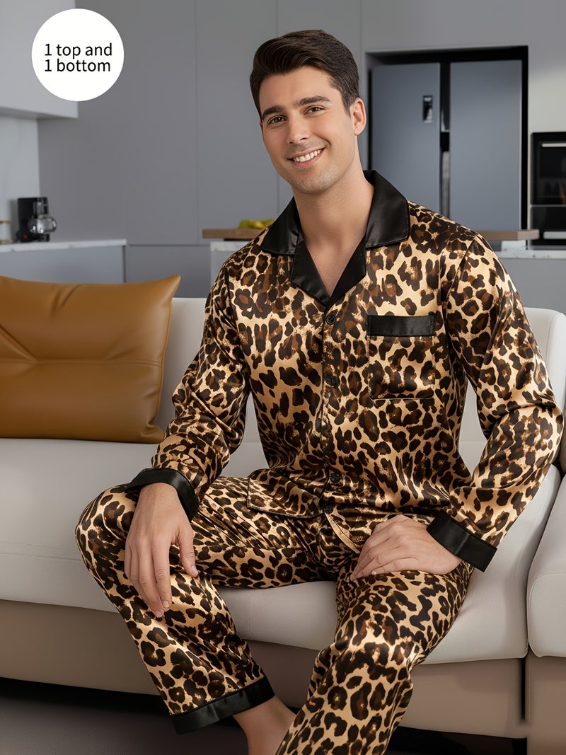 [Men/Women] Couple Style Pajamas, Men'S Or Women‘S, Leopard Print Long Sleeve Button-Up Top and Pants, 1 Top And 1 Bottom, Causal Homewear,Valentine’s Day - Image 5