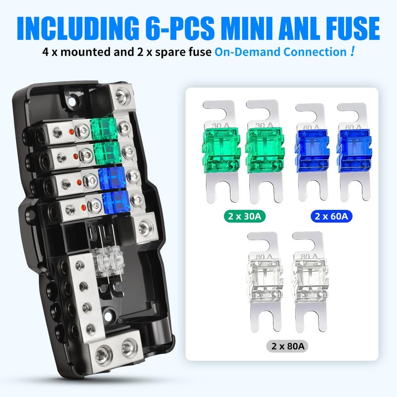 Bolipoeq 12V Fused Power Distribution Block Car Audio 4 Way MIDI (Mini-ANL) Fuse Block with Ground, 0/2/4 Gauge in 4/6/8 Gauge Out Distribution Block for Automotive Car Marine Boat Solar Panel - Image 4