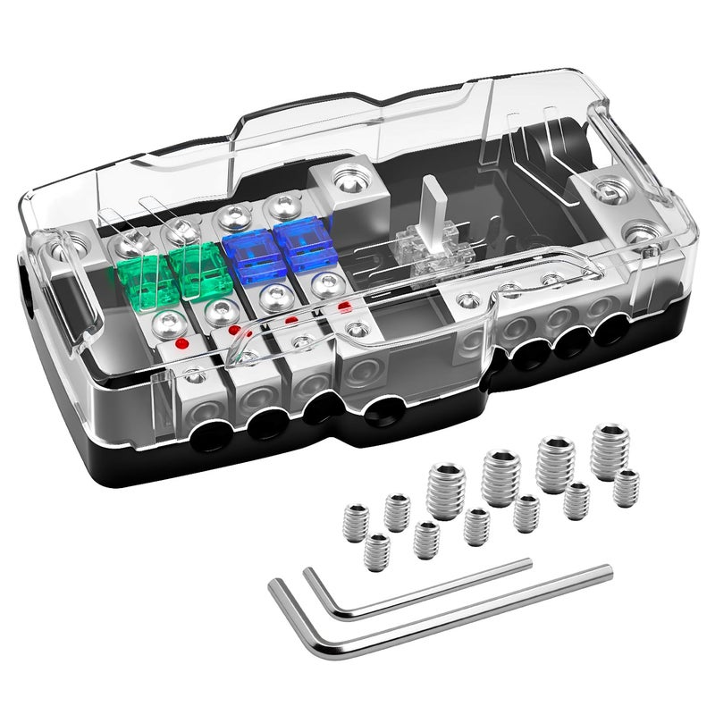 Bolipoeq 12V Fused Power Distribution Block Car Audio 4 Way MIDI (Mini-ANL) Fuse Block with Ground, 0/2/4 Gauge in 4/6/8 Gauge Out Distribution Block for Automotive Car Marine Boat Solar Panel - Image 1