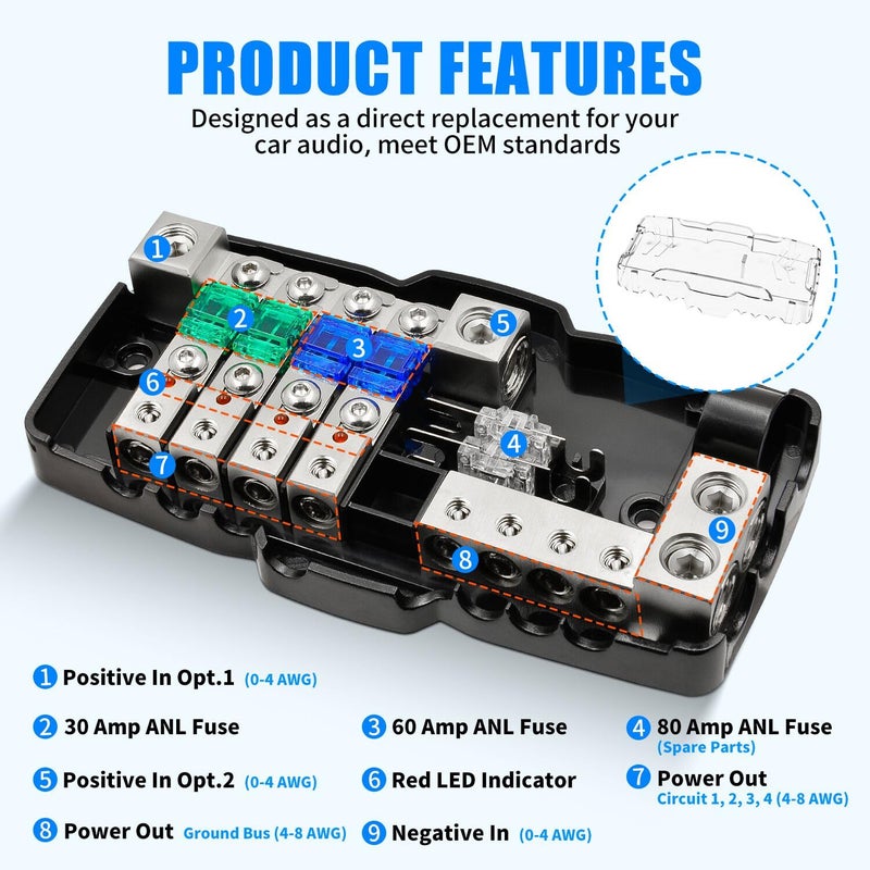 Bolipoeq 12V Fused Power Distribution Block Car Audio 4 Way MIDI (Mini-ANL) Fuse Block with Ground, 0/2/4 Gauge in 4/6/8 Gauge Out Distribution Block for Automotive Car Marine Boat Solar Panel - Image 3