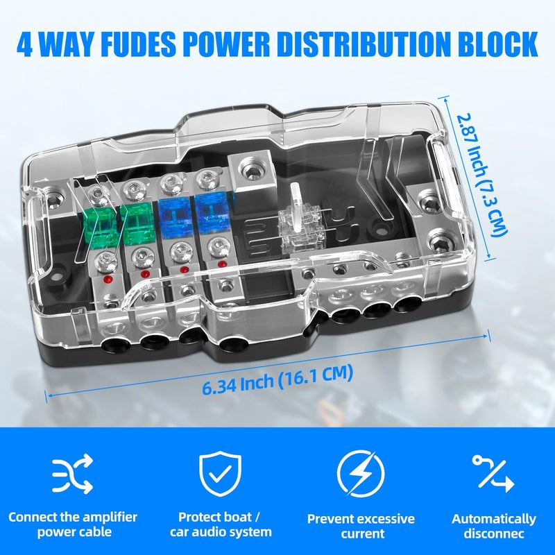 Bolipoeq 12V Fused Power Distribution Block Car Audio 4 Way MIDI (Mini-ANL) Fuse Block with Ground, 0/2/4 Gauge in 4/6/8 Gauge Out Distribution Block for Automotive Car Marine Boat Solar Panel - Image 2