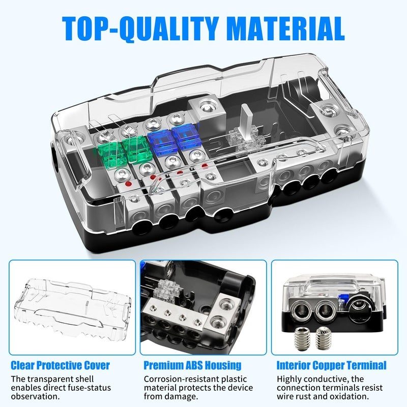 Bolipoeq 12V Fused Power Distribution Block Car Audio 4 Way MIDI (Mini-ANL) Fuse Block with Ground, 0/2/4 Gauge in 4/6/8 Gauge Out Distribution Block for Automotive Car Marine Boat Solar Panel - Image 5