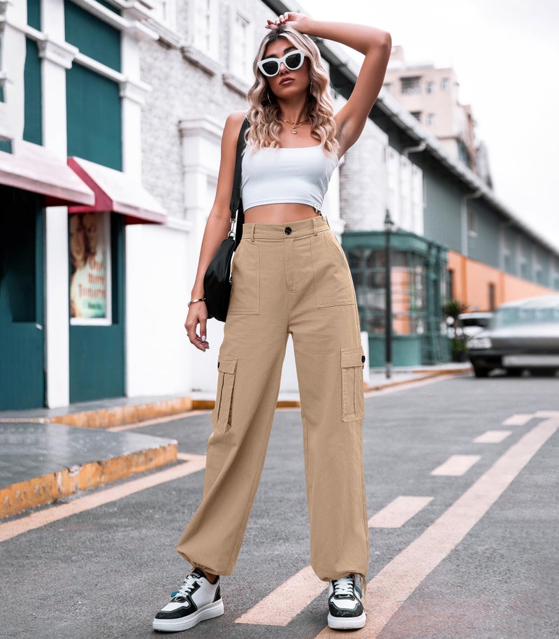 ZMPSIISA Women High Waisted Cargo Pants Wide Leg Casual Pants 6 Pockets Combat Military Trousers(Khaki,Medium) - Image 2
