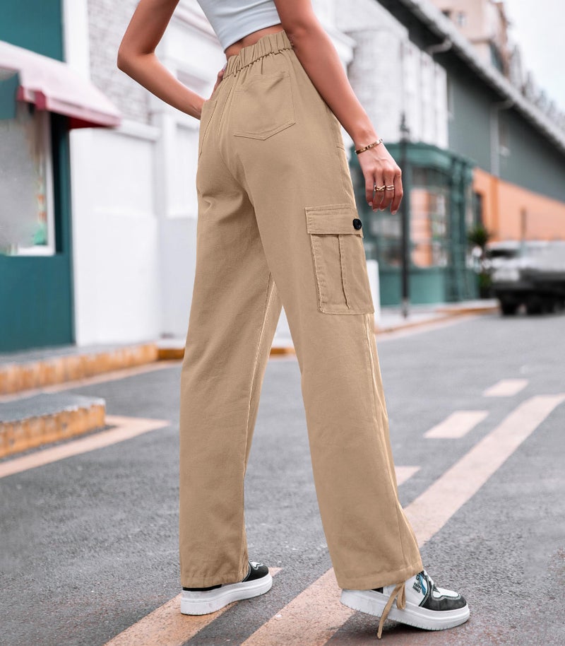 ZMPSIISA Women High Waisted Cargo Pants Wide Leg Casual Pants 6 Pockets Combat Military Trousers(Khaki,Medium) - Image 3