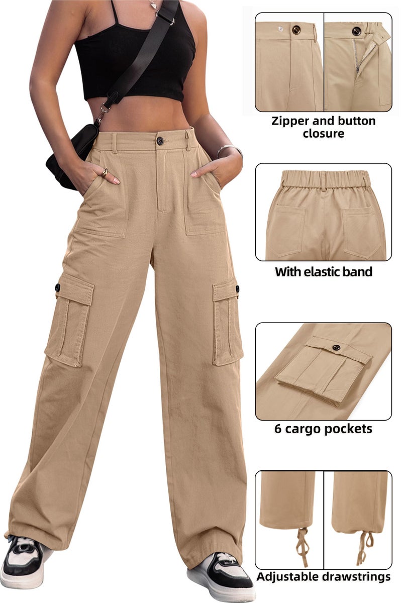 ZMPSIISA Women High Waisted Cargo Pants Wide Leg Casual Pants 6 Pockets Combat Military Trousers(Khaki,Medium) - Image 5