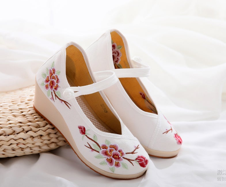 Shilixiang Full Court Fragrance Plain Brocade Antique Shoes Hanfu Ethnic Embroidered Shoes Jacquard Cotton High-Heeled Comfortable Cloth Shoes - Image 1