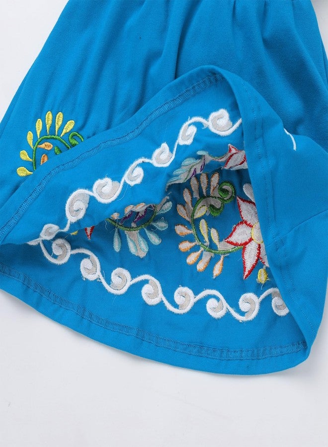 ODIZLI Cinco de Mayo Fiesta Dress for Girls Traditional Mexican Dress for Girls Toddler Sleeveless Off-Shoulder Mexican Ethnic Embroidered Floral Dress Toddler Vestidos Tipicos Mexicanos Blue 5-6 Years - Image 5