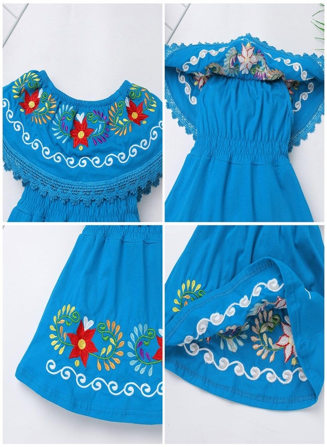 ODIZLI Cinco de Mayo Fiesta Dress for Girls Traditional Mexican Dress for Girls Toddler Sleeveless Off-Shoulder Mexican Ethnic Embroidered Floral Dress Toddler Vestidos Tipicos Mexicanos Blue 5-6 Years - Image 3