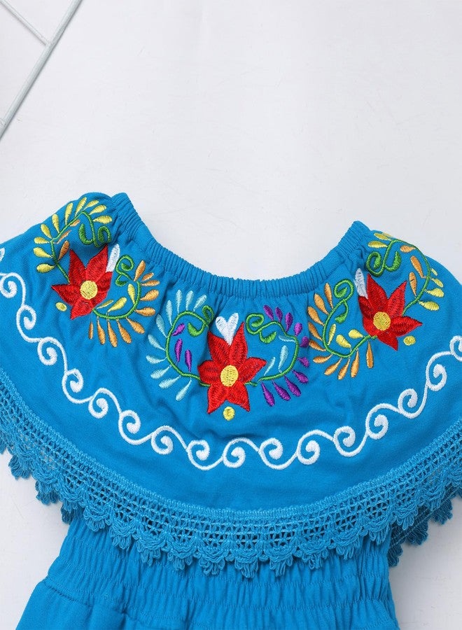 ODIZLI Cinco de Mayo Fiesta Dress for Girls Traditional Mexican Dress for Girls Toddler Sleeveless Off-Shoulder Mexican Ethnic Embroidered Floral Dress Toddler Vestidos Tipicos Mexicanos Blue 5-6 Years - Image 4