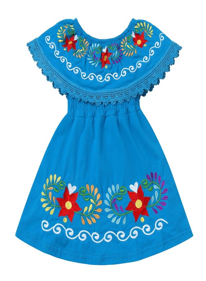 ODIZLI Cinco de Mayo Fiesta Dress for Girls Traditional Mexican Dress for Girls Toddler Sleeveless Off-Shoulder Mexican Ethnic Embroidered Floral Dress Toddler Vestidos Tipicos Mexicanos Blue 5-6 Years - Image 1