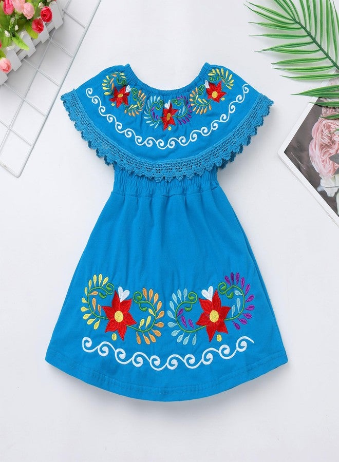ODIZLI Cinco de Mayo Fiesta Dress for Girls Traditional Mexican Dress for Girls Toddler Sleeveless Off-Shoulder Mexican Ethnic Embroidered Floral Dress Toddler Vestidos Tipicos Mexicanos Blue 5-6 Years - Image 2