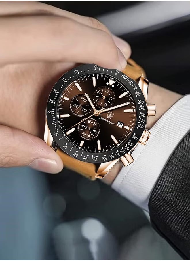 POEDAGAR Men's Watch Quartz Luxury Leather Waterproof Chronograph Watch  - Image 3