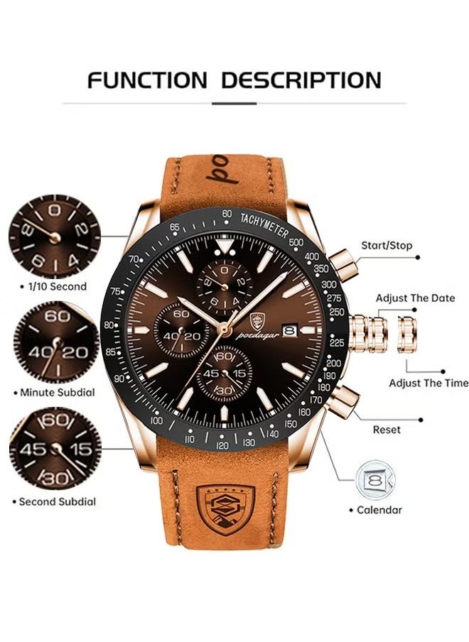 POEDAGAR Men's Watch Quartz Luxury Leather Waterproof Chronograph Watch  - Image 4