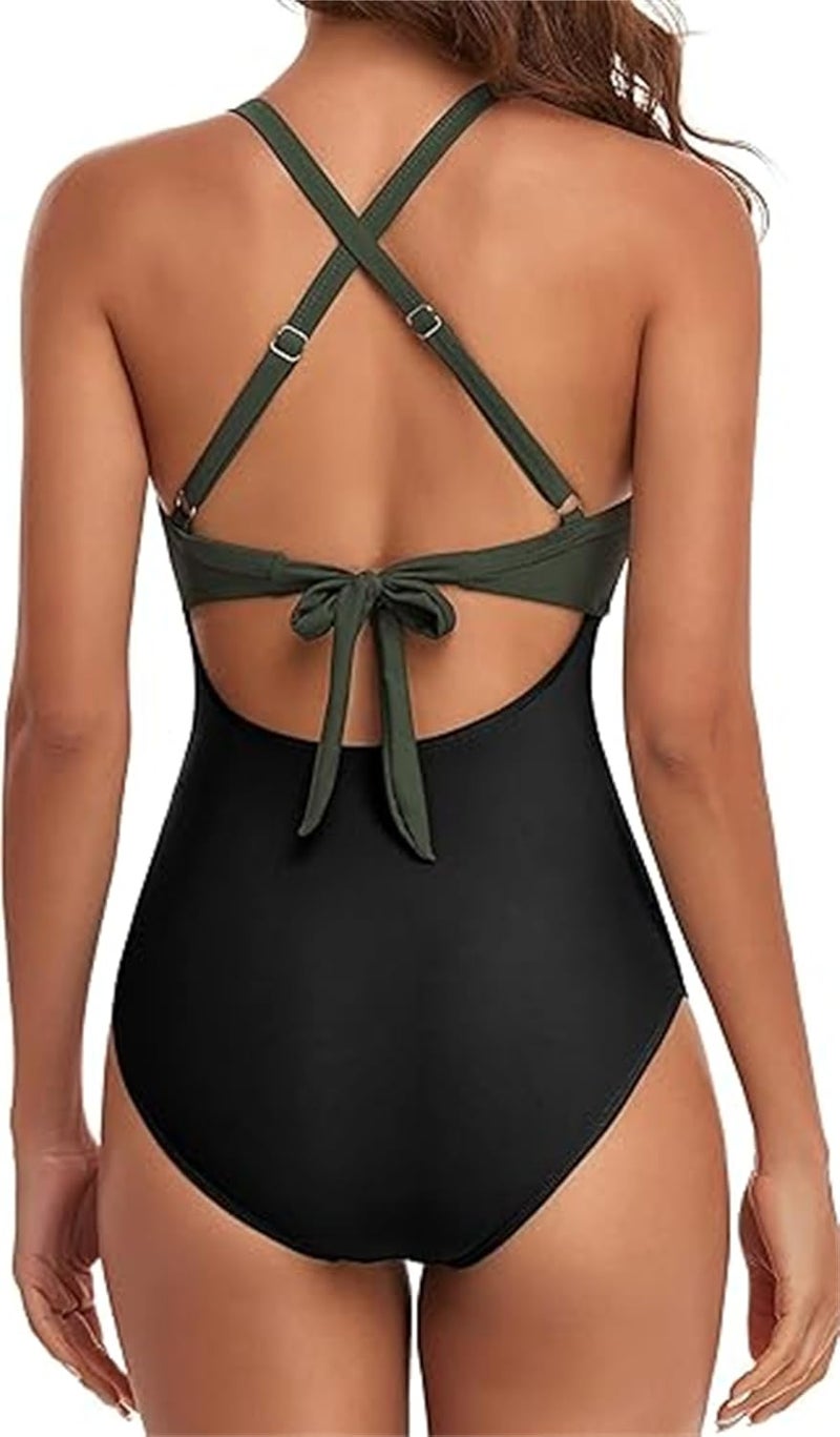 Luckam ملابس السباحة النسائية قطعة واحدة، بدلة سباحة عالية الخصر مع تحكم في البطن وقصات، بدلة سباحة برباط خلفي، 1 قطعة، حجم L - Image 3