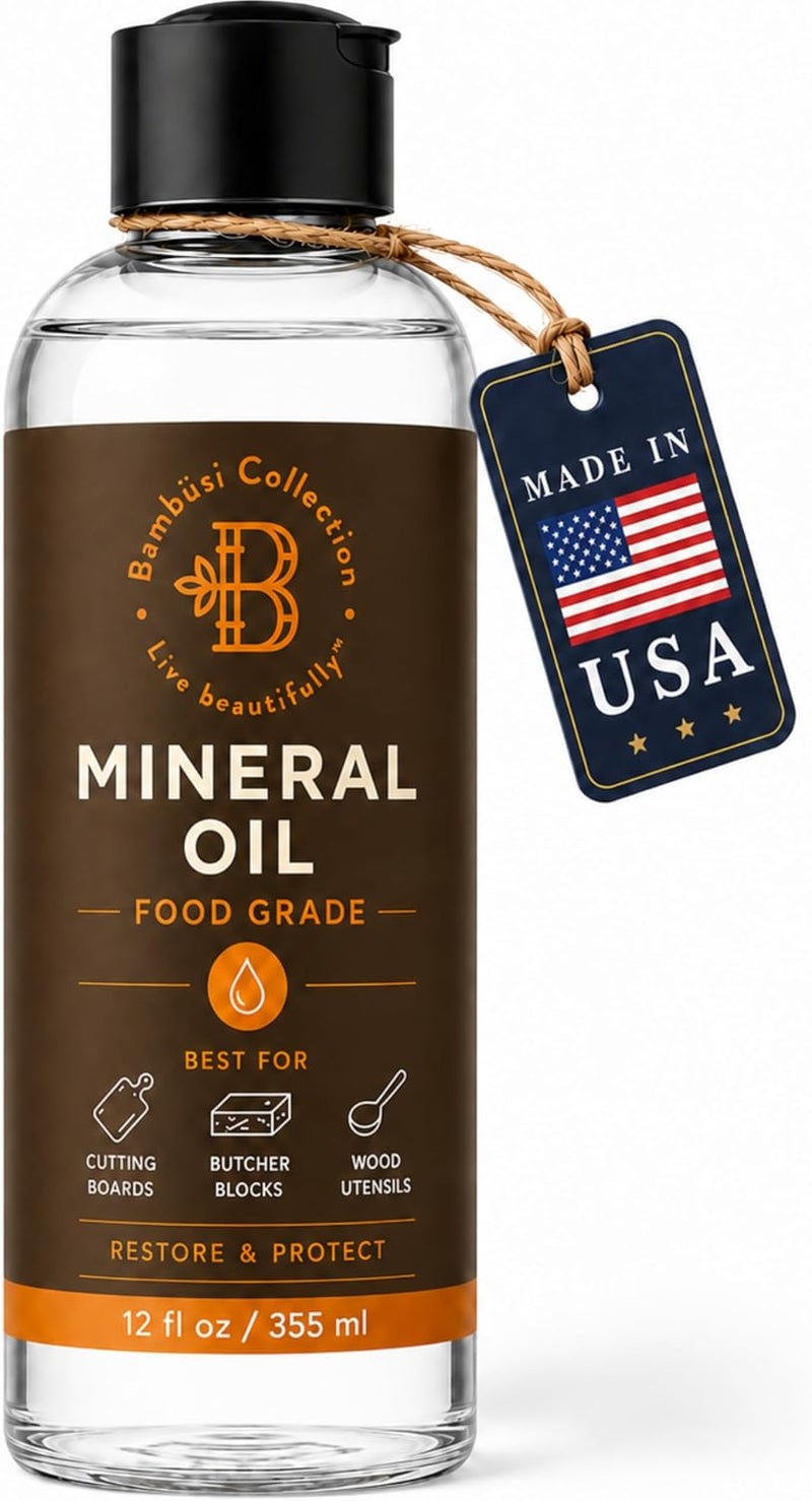 Bambüsi Mineral Oil for Wood Cutting Board - Food Grade Butcher Block Oil Conditioner, Cutting Board Oil for Bamboo, Teak, Wood Countertops, Knives, Utensils, Meat Grinder, Soapstone, Marble, 12 oz by Bambusi - Image 1