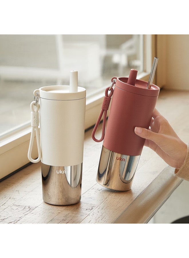 Uka Insulated Mug For Women, Ceramic Inner Liner, Straw Cup, Stylish Large Capacity Water Bottle Gift, Silver White 620ml