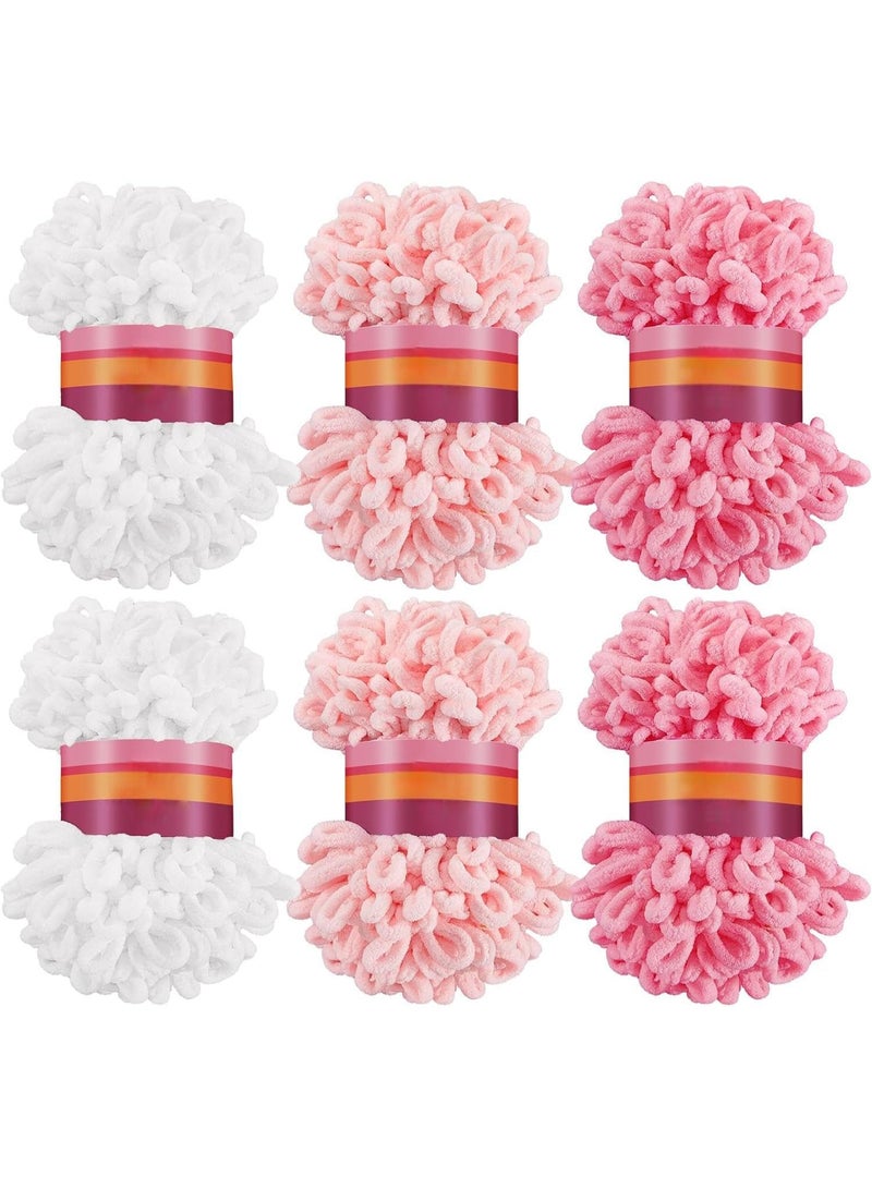 6 Pack Finger Loops Yarn Bulk, Soft Chunky Yarn for Crocheting, 6 Skeins Loop Blanket Yarn for Beginners Knitting No Needles or Hooks (White, Light Pink, Dark Pink) - Image 1