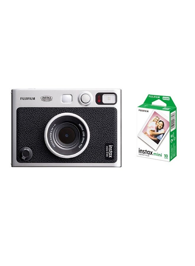FUJIFILM Instax Mini EVO Hybrid Instant Camera – Black (USB-C) | Instant Print with Digital Preview, Creative Modes & Built-In Selfie Mirror With Pack Of 10 Films