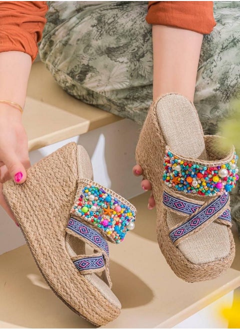 Slipper Wedge Burlap With Accessories S-20 - Beige
