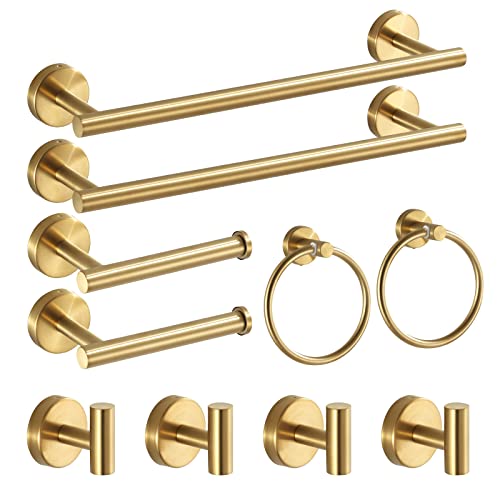 Hinmood Bathroom Hardware Set Brushed Gold, 10pcs Towel Bar Set Including 2pcs16 inch Towel Bars, Toilet Paper Holders, Towel Rings and 4pcs Robe Towel Hooks - Image 1