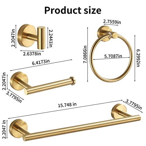 Hinmood Bathroom Hardware Set Brushed Gold, 10pcs Towel Bar Set Including 2pcs16 inch Towel Bars, Toilet Paper Holders, Towel Rings and 4pcs Robe Towel Hooks - Image 4