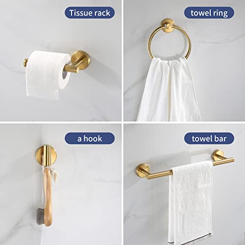 Hinmood Bathroom Hardware Set Brushed Gold, 10pcs Towel Bar Set Including 2pcs16 inch Towel Bars, Toilet Paper Holders, Towel Rings and 4pcs Robe Towel Hooks - Image 3