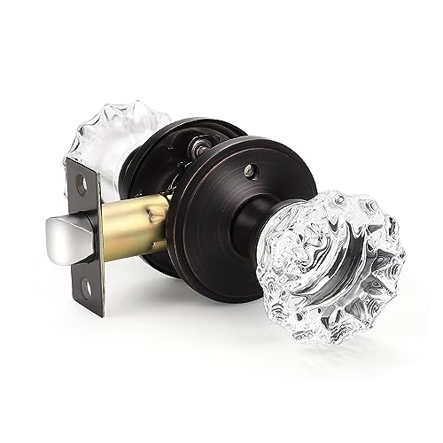 KNOBWELL 5 Pack Privacy Crystal Door Knobs Interior, Clear Indoor Glass Door Knobs with Lock for Bedroom and Bathroom, Keyless Glass Door Locks in Round Oil Rubbed Bronze Plate - Image 1