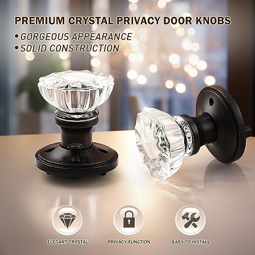 KNOBWELL 5 Pack Privacy Crystal Door Knobs Interior, Clear Indoor Glass Door Knobs with Lock for Bedroom and Bathroom, Keyless Glass Door Locks in Round Oil Rubbed Bronze Plate - Image 2