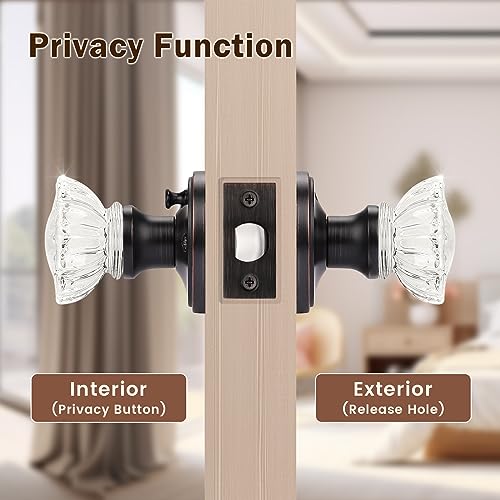 KNOBWELL 5 Pack Privacy Crystal Door Knobs Interior, Clear Indoor Glass Door Knobs with Lock for Bedroom and Bathroom, Keyless Glass Door Locks in Round Oil Rubbed Bronze Plate - Image 4