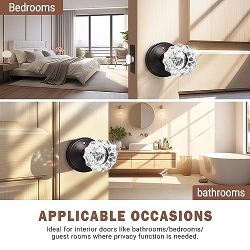 KNOBWELL 5 Pack Privacy Crystal Door Knobs Interior, Clear Indoor Glass Door Knobs with Lock for Bedroom and Bathroom, Keyless Glass Door Locks in Round Oil Rubbed Bronze Plate - Image 3