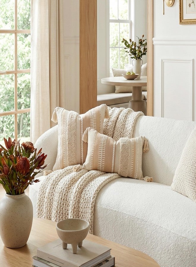 BlissBlush Decorative Throw Pillow Cover 20x20 Square Cream Neutral White Boho Accent Pillowcase Tassels Farmhouse Cushion for Couch Sofa Bedroom Living Room Home Décor (Cover ONLY, Pack of 1) - Image 2