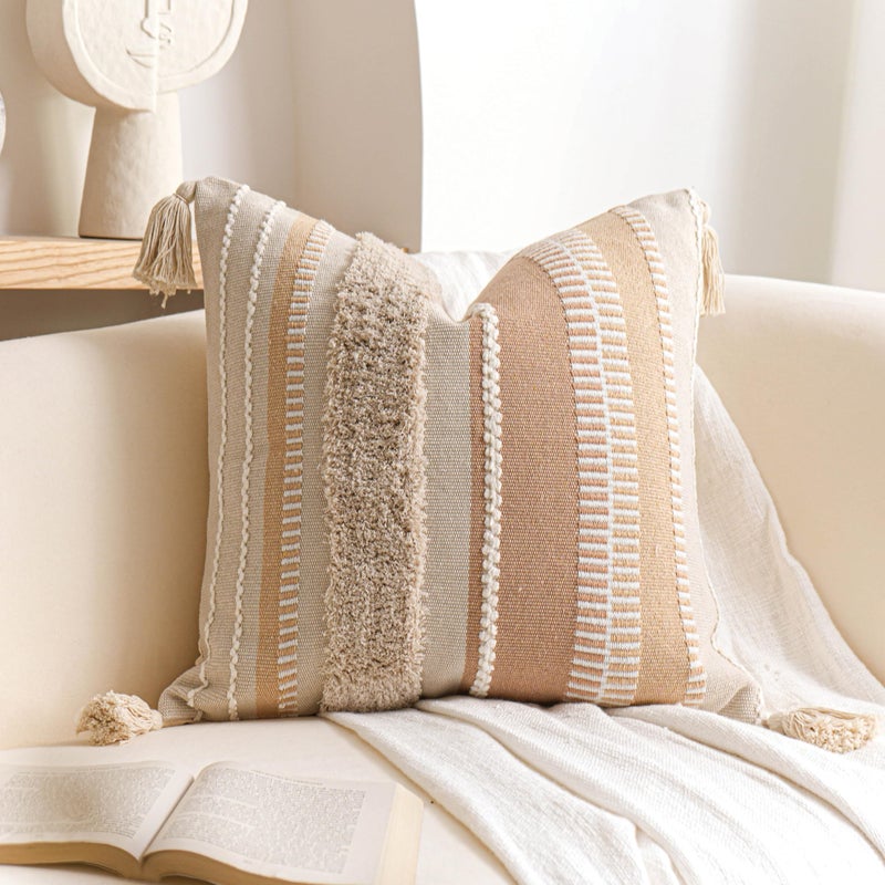 BlissBlush Decorative Throw Pillow Cover 20x20 Square Cream Neutral White Boho Accent Pillowcase Tassels Farmhouse Cushion for Couch Sofa Bedroom Living Room Home Décor (Cover ONLY, Pack of 1) - Image 1