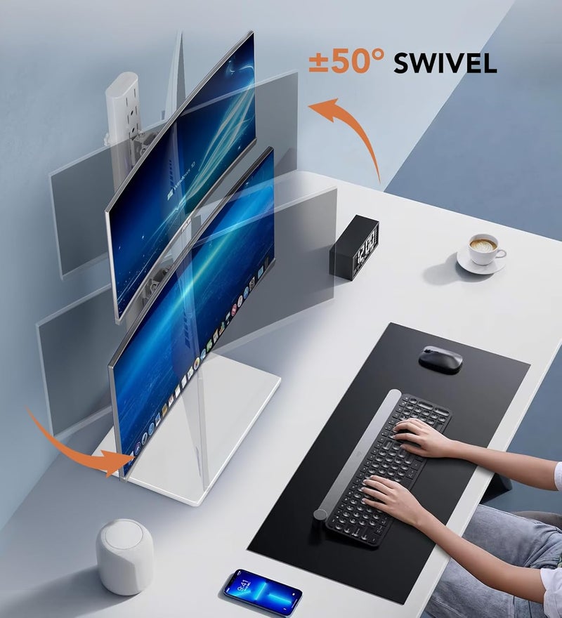 Hemudu Dual Monitor Stand - Vertical Stack Screen Free-Standing Monitor Riser Fits Two 13 to 34 Inch Screen with Swivel, Tilt, Height Adjustable, Holds One (1) Screen up to 44Lbs HT05W-002 White - Image 3