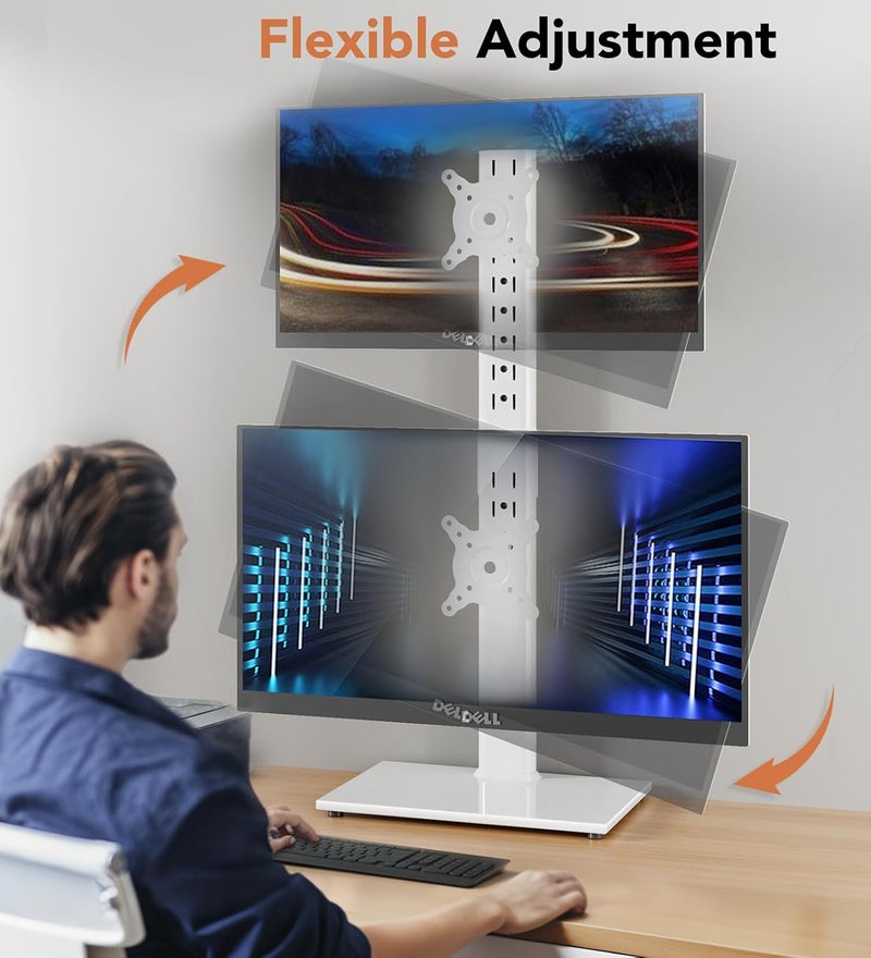 Hemudu Dual Monitor Stand - Vertical Stack Screen Free-Standing Monitor Riser Fits Two 13 to 34 Inch Screen with Swivel, Tilt, Height Adjustable, Holds One (1) Screen up to 44Lbs HT05W-002 White - Image 4