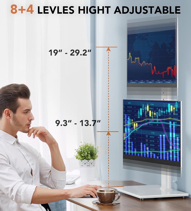 Hemudu Dual Monitor Stand - Vertical Stack Screen Free-Standing Monitor Riser Fits Two 13 to 34 Inch Screen with Swivel, Tilt, Height Adjustable, Holds One (1) Screen up to 44Lbs HT05W-002 White - Image 2
