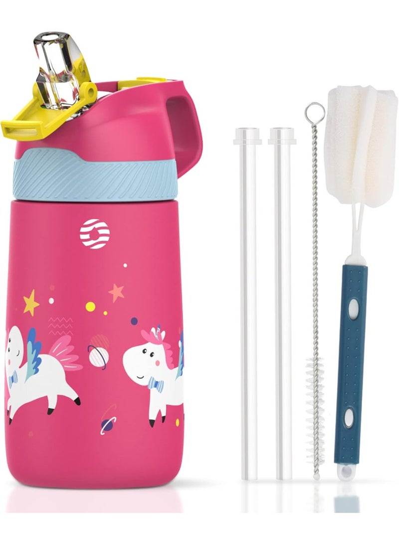 FjBottle Kids Stainless Steel Water Bottles with Straw, 12 oz Leak Proof Insulated Water Bottle Double Wall Keep Hot Cold Drinks Thermos Toddler Bottle with Handle BPA-Free for School - Image 1