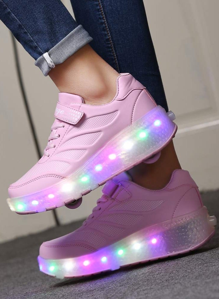Loquat Roller Skates Shoes Light Shoes Girls Boys Double Roller Shoes Kids Outdoor Luminous Shoes for Kids - Pink - Image 4