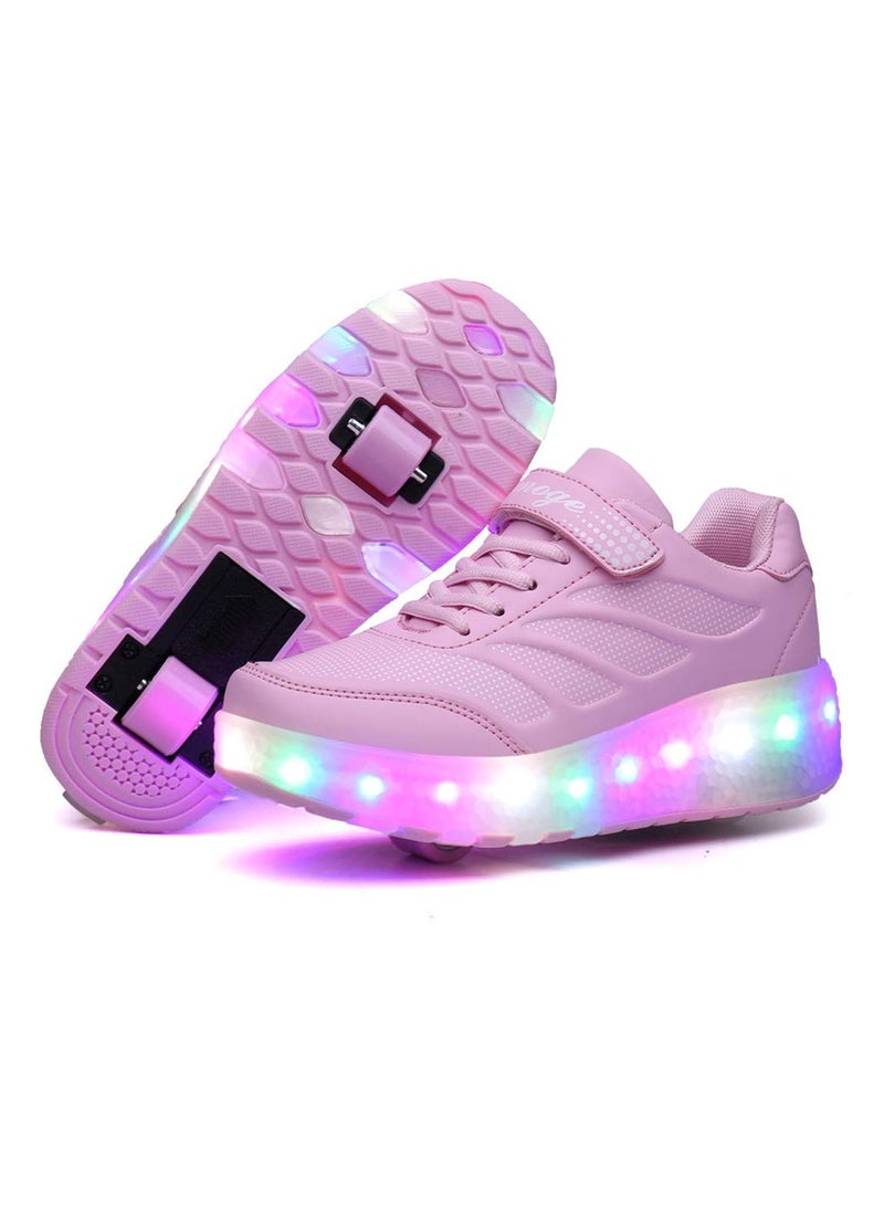 Loquat Roller Skates Shoes Light Shoes Girls Boys Double Roller Shoes Kids Outdoor Luminous Shoes for Kids - Pink - Image 1