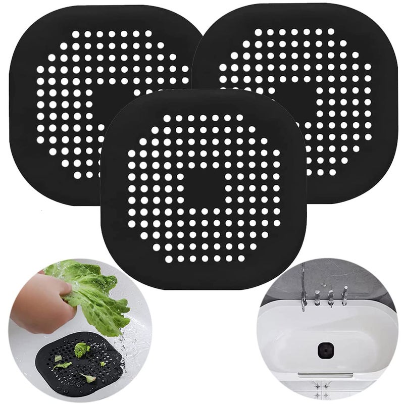 3 Pack Drain Cover Hair Catcher Pad Silicone Tube Trap Shower with Sucker for Bathroom Kitchen 55 Flat Square Rubber Strainer Plug Filter Bathtub Sink Home Drain Protectors Black