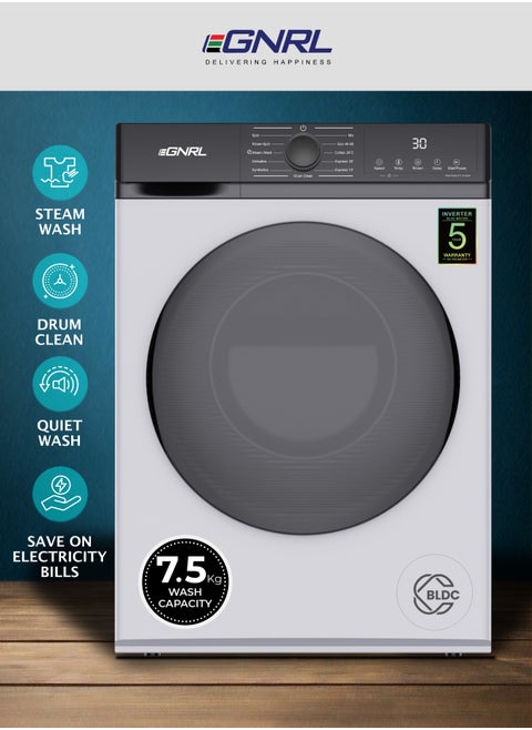 7.5KG Front Load Washing Machine 2025 Model, EGWMFL800, With INVERTER BLDC Motor 5 Year Warranty, 5 STAR Energy & Water Consumption, 1200 RPM, 12 Programs (1 Year Brand Warranty)