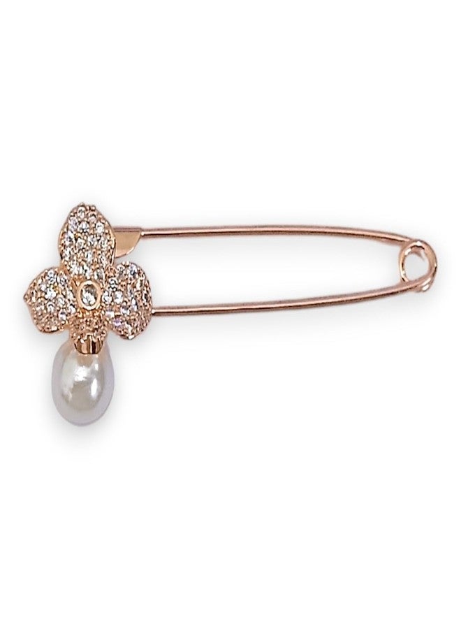 ACCESSHER Women & Girls Rose Gold-Plated Floral Pearl American Diamond Safety Pin Brooch, Decorative Saree and Hijab Pin, Elegant Saree Pleats, Pallu & Dupatta Accessory - Image 1