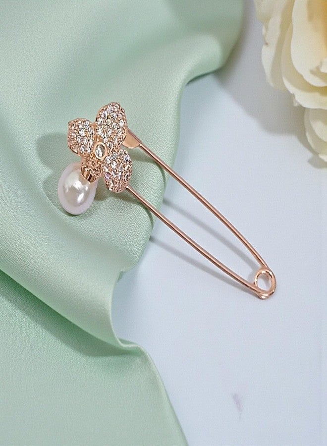 ACCESSHER Women & Girls Rose Gold-Plated Floral Pearl American Diamond Safety Pin Brooch, Decorative Saree and Hijab Pin, Elegant Saree Pleats, Pallu & Dupatta Accessory - Image 4