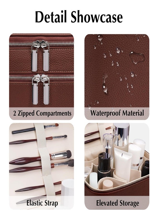 idoltimes Makeup Case, Large Capacity Leather Makeup Bag for Women,Large Capacity Waterproof Double Leather Cosmetic Case,Removable Compartment Travel Organizer, Brown(9.5*6.5*7in) - Image 3