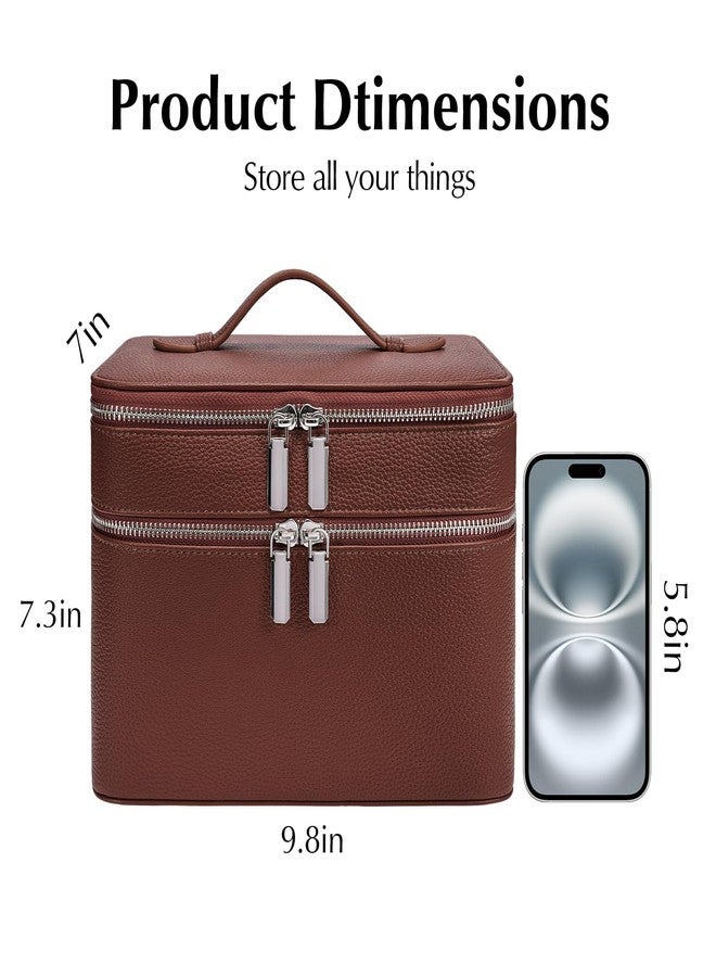idoltimes Makeup Case, Large Capacity Leather Makeup Bag for Women,Large Capacity Waterproof Double Leather Cosmetic Case,Removable Compartment Travel Organizer, Brown(9.5*6.5*7in) - Image 2