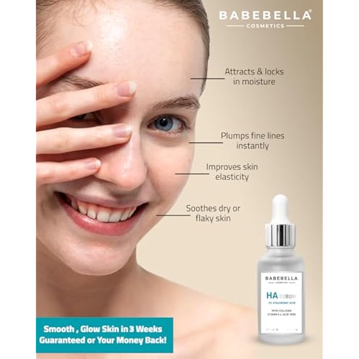 Babebella Cosmetics 2% Hyaluronic Acid Serum with Vitamin E, Collagen & Aloe Vera, Advanced Anti-Aging Face Serum for Fine Lines, Wrinkles, and Plumping, Moisturizing and Skin Repair, 30ml - Image 3