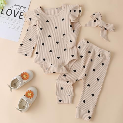 Fullfamous Newborn Infant Baby Girl Fall Winter Clothes Long Sleeve Onesie Clothing Pant Clothing Set Outfits Gifts Newborn Ecru Heart - Image 3