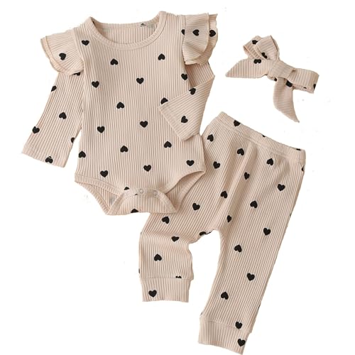 Fullfamous Newborn Infant Baby Girl Fall Winter Clothes Long Sleeve Onesie Clothing Pant Clothing Set Outfits Gifts Newborn Ecru Heart - Image 1