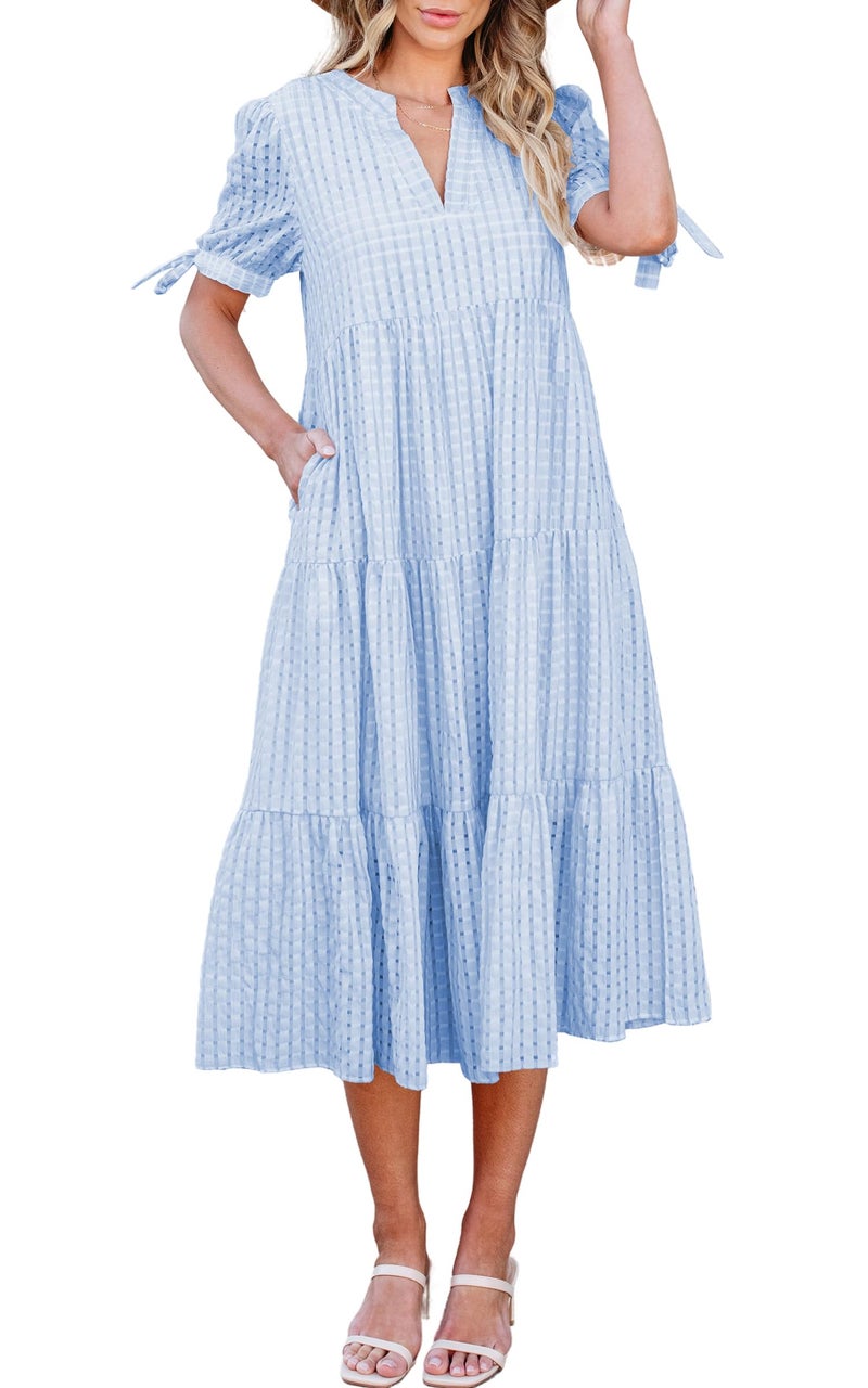 ECOWISH Women Summer Casual Dress - V Neck Short Sleeve Gingham Midi Pleated Tiered Loose Fit Holiday Picnic Dresses Light Blue Medium - Image 1